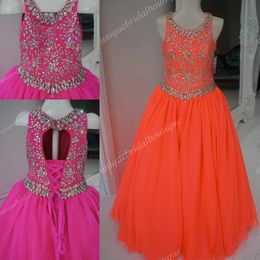 Orange Girl Pageant Dresses 2021 with Beaded Neck & Keyhole Back Real Photo Fuchsia Bling Bling Crystals Long Toddler Pageant Dress Lace Up