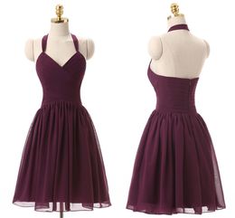 Grape Purple Sexy Chiffon Bridesmaid Dresses Short Halter Neck Backless Pleated Under 50 Beach Country Maid of Honour Gowns
