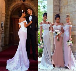 2020 Sexy Cheap Mermaid Bridesmaid Dresses Long For Weddings Short Sleeves Off Shoulder White Lace Appliques Plus Size Maid of Honour Gowns