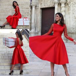 sweet cocktails UK - Vintage 2017 Sheer Long Sleeves Red Homecoming Dresses Jewel Neck Backless Tea Length Sweet 16 Party Graduation Plus Size Cocktail Gowns