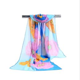 Factory Cheap Woman Scarf Silk Brand Luxury Print Big Flower Polyester Ladies Chiffon Scrawl Flower Printed Wrap Scarf Beach Cover 160*50cm