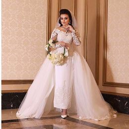 long sleeves wedding dresses detachable train UK - Arabic Bridal Gown Off the Shoulder Long Sleeve Ankle Length Wedding Dresses with Detachable Train Lace Applique vestidos de noiva