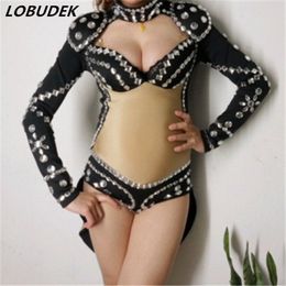 Tuxedo Jumpsuit Female Handmade Bright Rhinestones Swallowtail Bodysuit Sexy Flash Crystals Nightclub Singer DJ DS Show Slim Stage Costumes