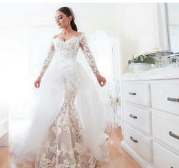 Mermaid Lace Wedding Dresses 2017 Off Shoulder Sweetheart Neckline with Illusion Long Sleeves and Asymmetrical Overskirt