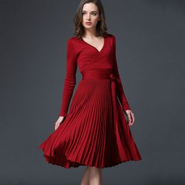 Spring Autumn European style sexy knit dress V neck pleated skirt with Sashes 7 Colours 2021