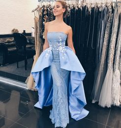 Light Sky Blue Overskirts Dresses Evening Wear Full Lace Appliqued Mermaid Prom Gowns Strapless Neckline Sexy Party Dress