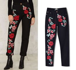 Plus Size Womens 3D Color Stereoscopic Embroidery Roses Flowers High Waisted Pants Loose Denim Straight Trousers Black