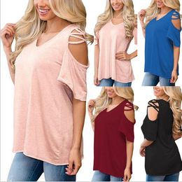 Flared Sleeve T Shirts Fashion Casual Tops Summer Loose Shirts Female Short Sleeve Blouse Sexy Off Shoulder Tees Blusa Womens Clothing B2579