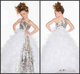 Bing Bling Sequins One Shoulder Evening Party Dress Skirt Ball Gown Flower Girl Gown Long Pageant Dresses For Kids Communion Wear