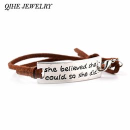 Wholesale- QIHE Jewellery "she believed she could so she did"Encouraged Inspirational Letter Bracelet Tag Charm For Women Gifts