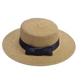 Lawliet Ladies Old Time Flat Top Boater Beach Dress Holiday Straw Glitter Bowtie Beach Hat T241