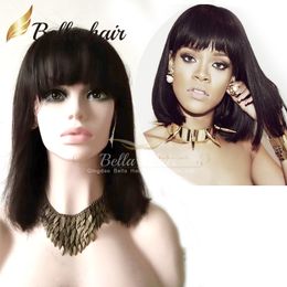 150% Bob Style Full Lace Wigs Natural Black Straight with Bang Front Wig Cute Unprocessed Human Hair Wig Deals ON SALE