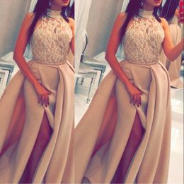 Fashion High Neck Formal Evening Gowns With Detachable Train Beading Appliques Side Split Mermaid Prom Dresses 2017 Charming Celebrity Dress