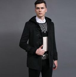 YUNY Mens Thickened Woolen Trench Plaid Horn Button Top Coat Jacket Black S