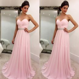 Cheap Pageant Dresses Pink Chiffon Prom Dressess Ruched Top Sweetheart Sleeveless Crystals Long Formal Evening Party Gowns Sweep Train