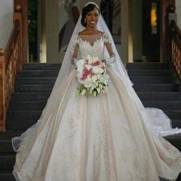 Cathedral Wedding Dress Gorgeous African Ball Gown Wedding Dresses Sheer Bateau Neck Illusion Long Sleeves Lace Appliques Puffy Br3170