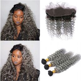 Sliver Grey Human Hair Deep Wave With Ear To Ear Lace Frontal 1b Gray Dark Root Ombre Peruvian Virgin Hair With Lace Frontal