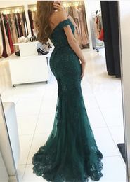 2017 Cheap Sexy Prom Dresses Off Shoulder Hunter Green Lace Appliques Beaded Mermaid Long Open Back Evening Dress Party Pageant Formal Gowns