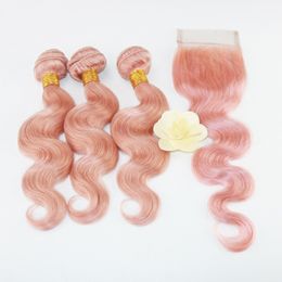 Wholesale Price Brazilian Virgin Hair 3 Bundles with Closure Unprocessed 100% Human Hair Bundles with Lace Closure Color Pink# Body Wave