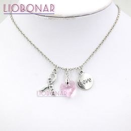 New Arrival Wholesale Breast Cancer Awareness Necklace Pink Heart Love Charm Breast Cancer Ribbon Pendant Necklace for Cancer Centre Gift