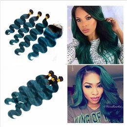 #1B/Dark Green Ombre 4x4 Front Lace Closure With Bundles 4Pcs Lot Body Wave Dark Roots Green Ombre Virgin Human Hair With Closure