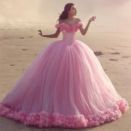 Saidmhamad Off the Shoulder Hand Made Flowers Pink Ball Gowns Beach Bridal Dress with Colour Wedding Dress vestidos de noiva295w