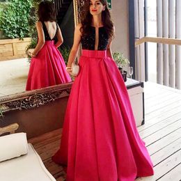 Real Photo Two Tone Ball gown Formal Evening Dresses Black Crystal Boat Neck Deep V Open Back with Sash Long Pageant Prom Gowns