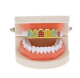 14k Gold Plated Hip Hop fake gold teeth grillz Set with Colorful Zircon - Perfect Christmas Party Gift for Rapper