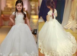 cupcake applique Australia - Flower Girl Dresses for Weddings with Capped 2019 Sheer Neck Appliques Lace Cupcake Pageant Dress for Girls Long Kids Wedding Party Gowns