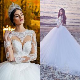 Fancy White Fall Winter Wedding Dresses Jewel With Lace Applique Long Sleeves Wedding Gowns Back Zipper Long Train Custom Made bridal Gowns