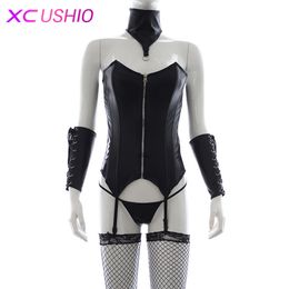 Passion sexy Leather Corset Handcuffs Collars Shorts Black Party Dress Corset for Adults Game Flirting Wear Sex Toys for Woman 0701