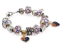 Dora Bracelet Silver Plated Heart Charms English Flag Design Beads Finished bracelets DIY Customised Jewellery Wholesale PDA-28