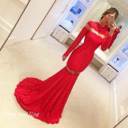 Mermaid Dubai Long Sleeves Arabic Gorgeous Red High Neck Evening Dress Sexy Lace Formal Reception Prom Party Gown Custom Made Plus Size