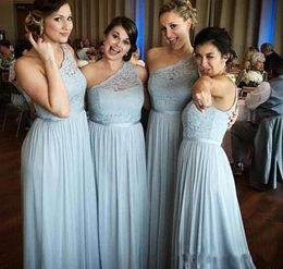 Light Blue One Shoulder Bridesmaids Dresses Long Lace Maid Of Honor Dress Plus Size Cheap Chiffon Wedding Guest Gowns