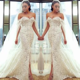 Full Lace Beach Wedding Dresses With Wraps Sexy Off The Shoulder Pearls Beaded Side Split Beach Wedding Dress Sweep Train Bridal Gowns