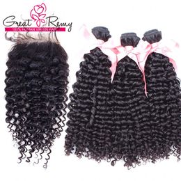 greatremy unprocessed peruvian human hair extensions curly wave 1pc lace closure with 3pcs bundles remy hair closure 4x4 full head