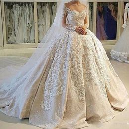 EEUU Vintage Ball de novia Vestidos de novia 2k17 Ilusión Escote Sheer Sheer Apliques 3D Mangas largas Vestido de novia Vestidos nupciales