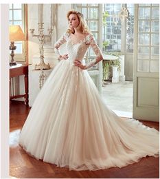 Scoop Neckline 2020 Ball Gown Beaded Applique Puffy Bridal Gowns Long Sleeves Lace Wedding Dresses Robe De Mariage