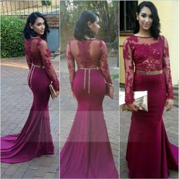 Sexy Lace-Appliques Mermaid Prom Dress Jewel Neckline Long Sleeves Sheer-Zipper-Back Satin Party Dresses Custom Made Fashion Evening Gowns