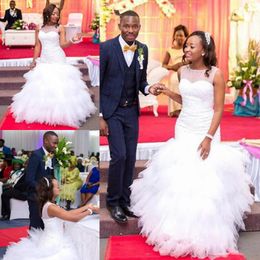 Afrikanische Meerjungfrau Brautkleider Sheer Neck Sleeveless Bridal Gowns Tüll Rüschen Plus Größe Hochzeit Vestidos Maßgeschneidert