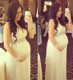 Hot Sale White Maternity Dresses Deep V Neck Floor Length Chiffon Evening Dresses Elegant Formal Prom Dresses For Pregnant Vestidos De Festa