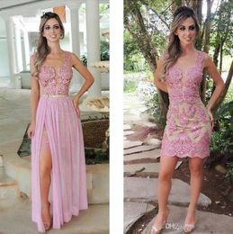 Illusion Lace Sheath Gowns With Detachable Skirts Sheer Jewel Neck Eveninglace Appliques Crystal Prom Dresses 329 329