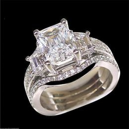 3 square diamond ring UK - Fashion 10KT White gold filled square diamond gemstone Rings sets 3-in-1 Jewelry Cocktail wedding Band Ring finger For Women