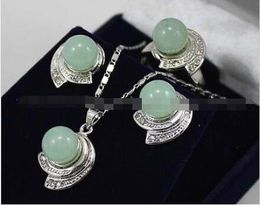 Fashion Jewelry Green Jade Gemstones Earrings & Ring & Necklace Pendant Set