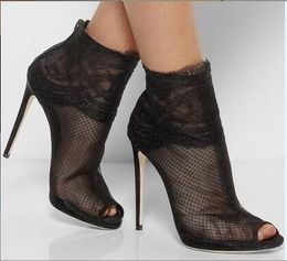 2017 new arrival peep toe ankle boots thin heel black lace booties mujer boats air mesh high heel boots