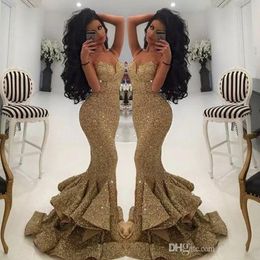 New Designer Bling Gold Sequins Mermaid Prom Dresses Spaghetti Open Back Ruffles Sweep Train Evening Gowns Real Pageant Dress Formal