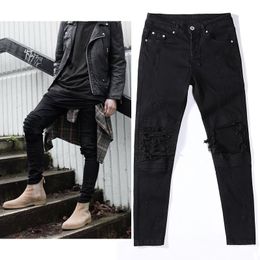 Wholesale-New Mens Ripped Jeans Hiphop streetwear pants Cotton black Slim Fit Motorcycle Jeans Men Vintage Distressed Denim Jeans