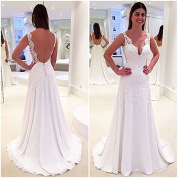 White Lace Applique Chiffon Evening Dress Sexy V-neck Backless Sweep Train Bridesmaid Dress Prom Party Gown