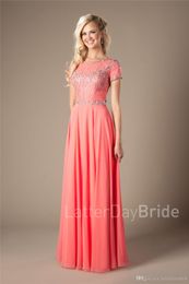 Coral Long Prom Dresses Modest With Short Sleeves Beaded Bodiece Elegant Coral Teens Formal Evening Dress Gown Cheap robe de soiree