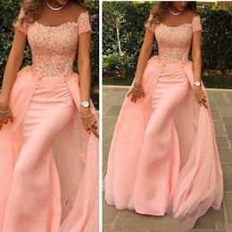 New Evening Dresses Mermaid Off Shoulder Lace Applique Prom Dresses With Detachable Train Back Zipper Custom Made Vestidos De Noiva 2017